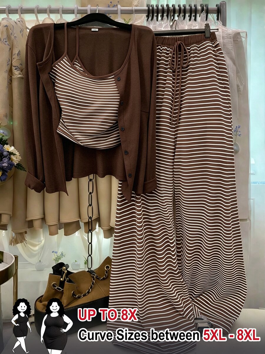 SHEIN CURVE+ Knitted Solid Color Front Button Cardigan With Striped Trim, Slim Fit Camisole With Drawstring Detail, Elegant Casual Commute Daily Outing Long Pants Plus Size 2-Piece Set - Coffee Brown - View 1