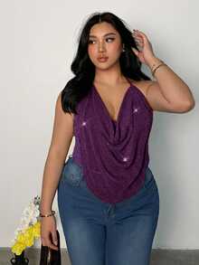 Firerie Plus Size Women's Rhinestone Decorated Fashion Versatile Daily Wear Halter Neck Top - Red Violet - View 3