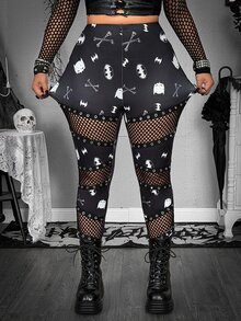Whyspr BATMAN X SHEIN Plus Size Printed Patchwork Fishnet Leggings - Black - View 1