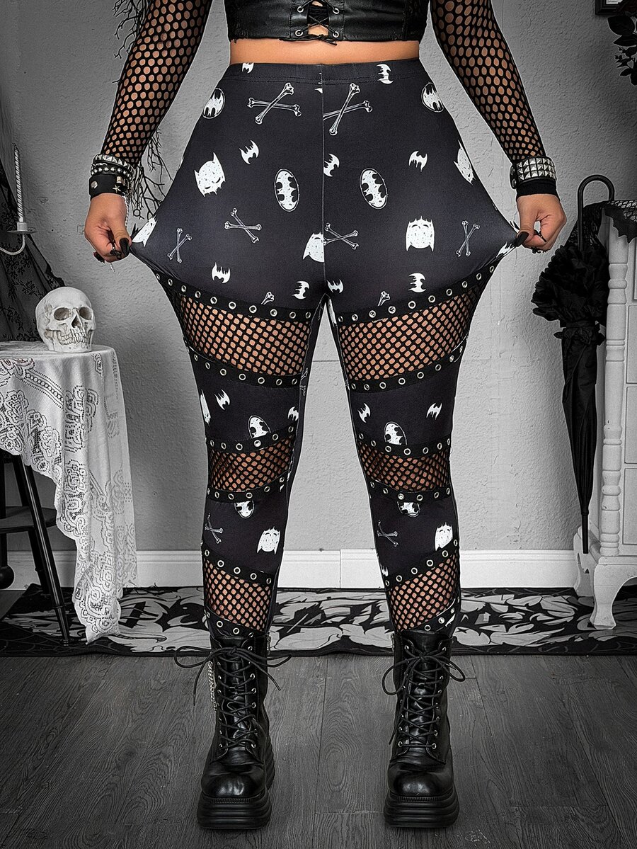 Whyspr BATMAN X SHEIN Plus Size Printed Patchwork Fishnet Leggings - Black - View 1