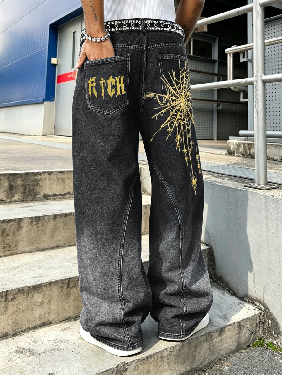 Manfinity EMRG Men's Fashion Street Spider Print Gradient Washed Denim Loose Wide Leg Pants - Black - View 1