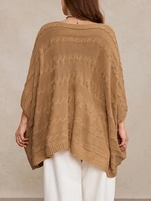 Freevana 大尺碼休閒純色蝙蝠袖針織衫，秋冬款 - 杏色 - 查看 2