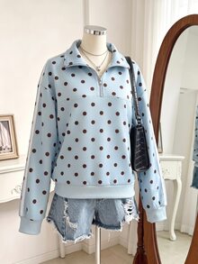 SHEIN 青少年女孩波點印花半拉鍊長袖休閒衛衣 - 藍色 - 查看 4