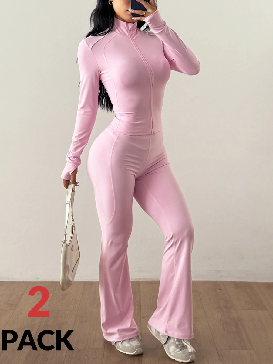 Coolane Women's Summer Sport Yoga Shaping Zipper Detail Jacket + Butt-Lifting Flared Long Pants Pink 2pcs - Pink - View 1