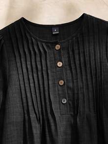 Rusticease Women's Solid Color Button Design Pleated Casual Basic Basic Retro Vintage 70s 2000s Long Dress Picnic Brunch Everyday Black Autumn - Black - View 5