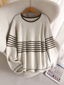 CosyJoli Plus Size Women Brown Striped Crew Neck Dolman Sleeve Pullover Sweater Simple Casual Autumn Winter Top - Multicolor - View 5