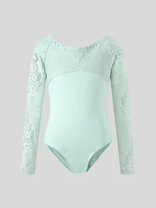 SHEIN 大童女孩清新簡約運動優雅兒童蕾絲長袖連身褲運動服舞蹈薄荷綠夏季 - 綠色 - 查看 4