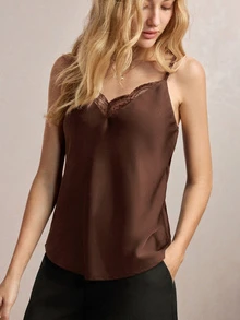 BizChic Shades Of Brown V領可調節蕾絲拼接背心，優雅性感法式復古商務通勤外出約會休閒運動夏季萬聖節 - 棕色 - 查看 3