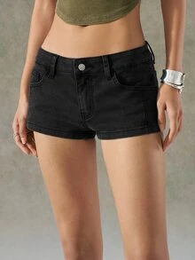 LYSMO Women's Black Low Waist Denim Shorts, Western Style, Music Festival, Summer - Black - View 5