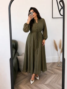 Solavon Plus Size Women Solid Color Notch V-Neck Long Sleeve Waist Tie Casual Dress - Army Green - View 5