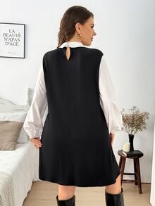 Easowa Curve Gaun Wanita Ukuran Besar dengan Warna Kontras Hitam & Putih, Musim Gugur/Dingin - Hitam dan Putih - View 2