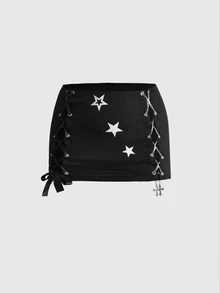 ROMWE Grunge Punk Set 2 Potong untuk Wanita Ukuran Plus: Atasan Tank Top Model Halter Neck Pendek dengan Motif Bintang Punk dan Rok Mini Pinggang Sangat Rendah - Hitam - View 5