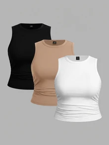 SHEIN CURVE+ 3pcs Plus Size Solid Color Casual Round Neck Camisole Tank Top Set All, Fall Winter 2026 22W - Multicolor - View 8