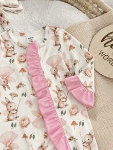 SHEIN Newborn Baby Cute Rabbit Print Ruffle Trim Romper Loungewear - Pink - View 7