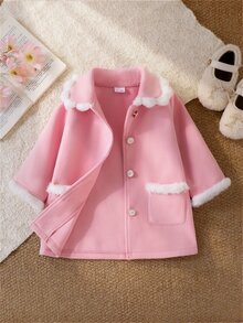 SHEIN Playful Pals 女嬰粉色羊毛大衣，白色毛領與袖口，A字版型時尚外套，適合外出，可愛且時尚 - 粉色 - 查看 1