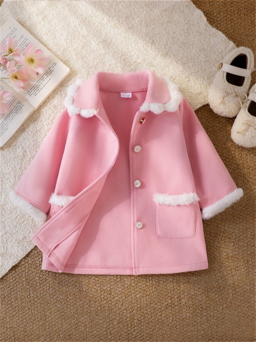 SHEIN Playful Pals 女嬰粉色羊毛大衣,白色毛領與袖口,A字版型時尚外套,適合外出,可愛且時尚 - 粉色 - 查看 1