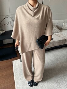 Dazy Plus Loose Asymmetrical Design Pullover Top & Long Pants 2 Pieces Set, Elegant Outfit, Spring/Autumn New Arrival - Khaki - View 6