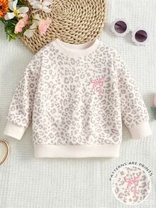 SHEIN Playful Pals 女童時尚高級白色豹紋拼色蝴蝶結圖案基本款圓領運動衫 生日/秋季/仙女公主/萬聖節 - 彩色 - 查看 4