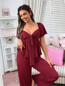 SweetSlumber Set Piyama Rajut Jacquard Wanita yang Manis & Imut, Dapat Dipakai Sebagai Pakaian Santai - Burgundy - View 6