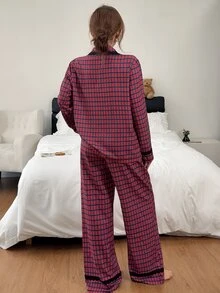 Napfluff Korean Style Colorblock Bow Plaid New Long Sleeve Long Pants Pajamas Homewear For Women Autumn - Red - View 2