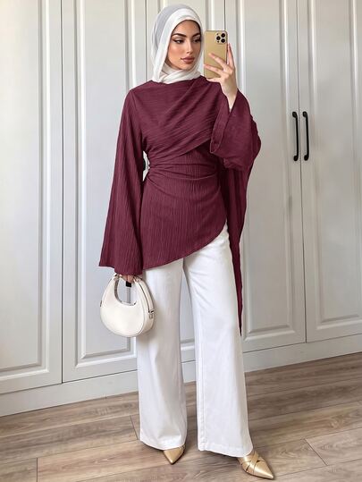 Elenzga Dark Brown Ruched Wrap Women's Blouse, Asymmetrical Hem And Extra Long Bell Sleeve Design, Casual Top Suitable For Commuting, Shopping And Dating