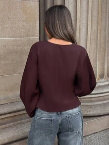 Aloruh Women's Solid Color V-Neck Casual Versatile Daily Long Sleeve Jacket,New Fall Styles - Coffee Brown - View 2