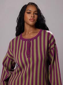 Rustia Sweater Pullover Kasual Longgar Lengan Panjang Bergaris Model Bahu Jatuh untuk Wanita Ukuran Besar Musim Dingin - Krem - View 3