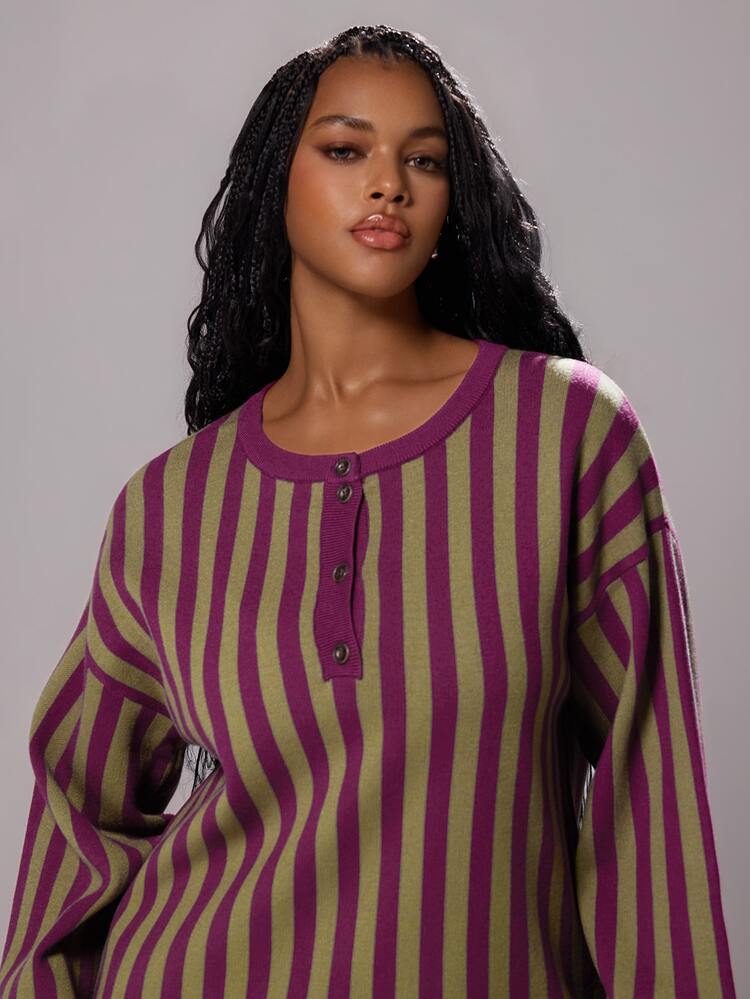 Rustia Sweater Pullover Kasual Longgar Lengan Panjang Bergaris Model Bahu Jatuh untuk Wanita Ukuran Besar Musim Dingin - Krem - View 3