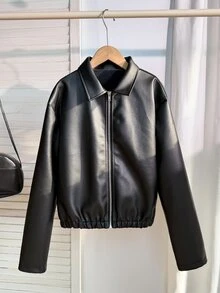 SHEIN Sparklyn Jaket Kulit PU Serbaguna dengan Kerah Lipat, Cocok untuk Remaja Perempuan, Gaya Kasual Musim Gugur/Dingin, Sehari-hari, Kelas Atas, untuk Perjalanan Sekolah, dan Aktivitas Luar Ruangan. - Hitam - View 6