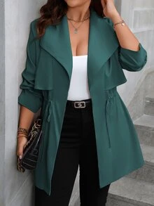 Vionelle Plus Size Women's Solid Color Long Sleeve Drawstring Waist Casual Jacket - Dark Green - View 1