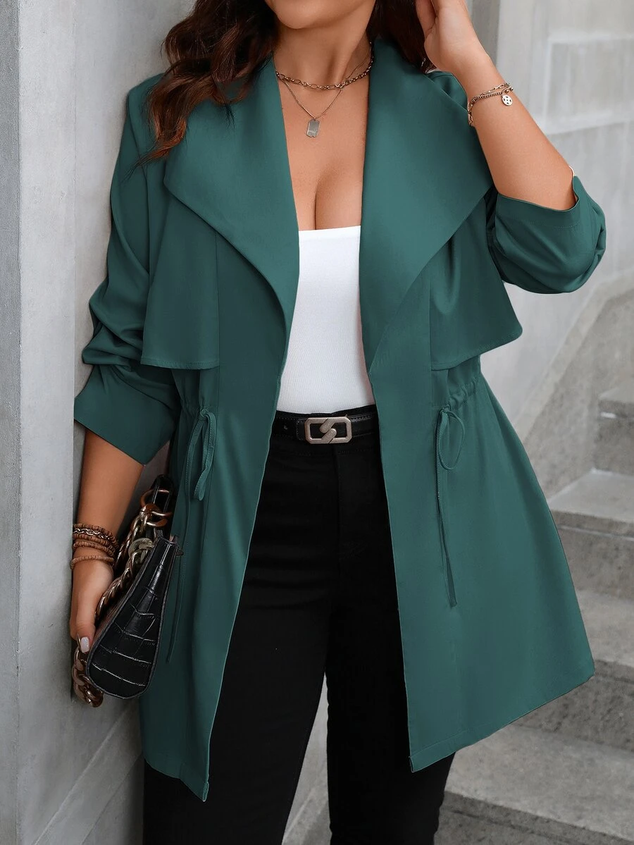 Vionelle Plus Size Women's Solid Color Long Sleeve Drawstring Waist Casual Jacket - Dark Green - View 1
