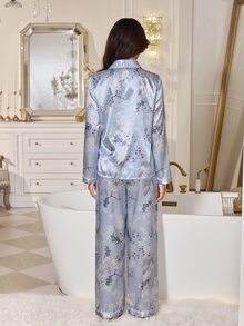 LuxeNights Printed Faux Silk Lapel Open Front Shirt Style Loungewear Pajama Set - Blue - View 2