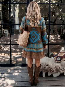 LanaWest Contrast Lace Hem Geometric Pattern Knit Dress For Daily, Vacation, Casual, Commute And Date Wear - Coffee Brown - View 2