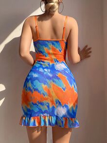 Nora Wilde 2件組彩繪紮染網格印花荷葉邊睡裙＋丁字褲 - 橘色 - 查看 7