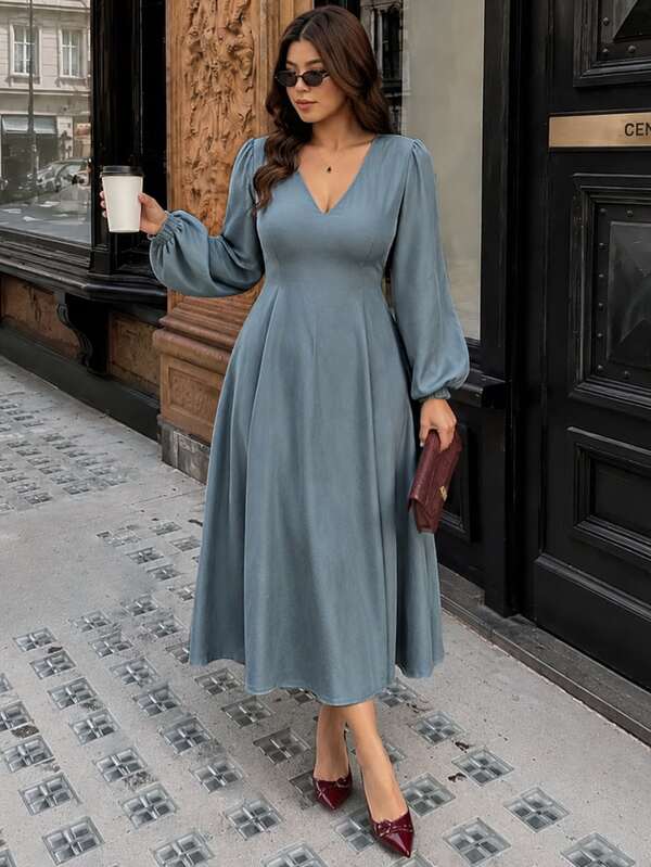 Vionelle Women's Spring/Autumn Cat Eye Bamboo Joint French Elegant Sophisticated Office Commute Casual Vacation Romantic High-End Beach Party Afternoon Tea Lazy Korean Minimalist Old Money Style Cute Sexy V-Neck Regular Shoulder Puff Lantern Sleeve Elastic Waist A-Line Long Dress In Premium Grey