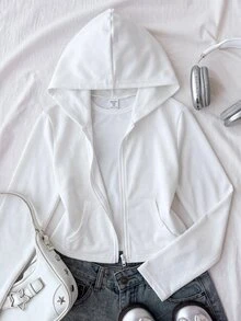 Tween Girl Autumn/Winter New Light Gray Zip-Up Knit Sweatshirt - White - View 1