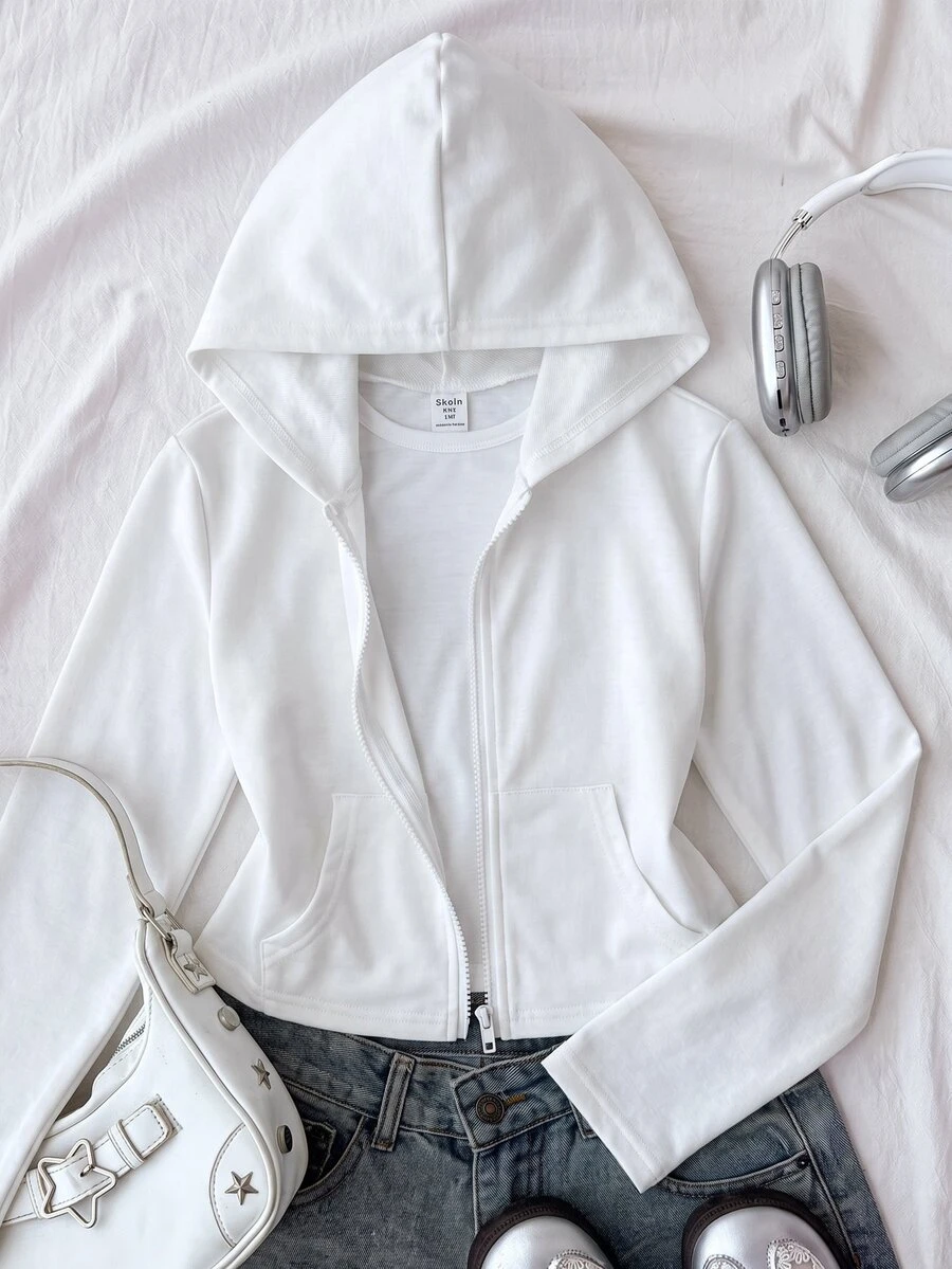 Tween Girl Autumn/Winter New Light Gray Zip-Up Knit Sweatshirt - White - View 1