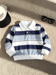 SHEIN 男童休閒條紋印花POLO領長袖衛衣，休閒學院風POLO衫，長袖半開襟前扣設計，可愛圖案，柔軟舒適面料，適合秋冬穿著，適合男童日常穿搭 - 彩色 - 查看 6