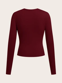SHEIN BASICS 休閒純色針織圓領長袖修身女款T恤 日常穿搭 酒紅色 秋季 - 酒紅色 - 查看 2
