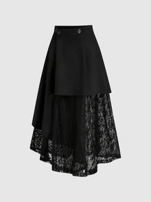 Sweetra Women's New Suede Fabric Contrast Lace Skirt With Asymmetrical Black Hem, One-Piece Button Adjustable Waist Design, Suitable For Dating, Shopping, Party, Dinner, Commuting, Campus Wear, Skirt - Black - View 3