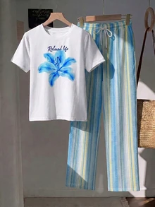 Comfortcana 2件組刺繡圓領短袖上衣與條紋印花長褲，休閒風 - 藍色 - 查看 4