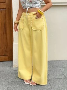 SHEIN CURVE+ Celana Jeans Denim Longgar dengan Kancing Saku Ukuran Plus - Kuning - View 7
