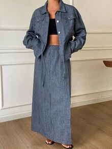 Livesso Tall 女款藍白條紋寬鬆夾克與裙子休閒兩件式牛仔套裝，適合日常秋季穿著 - 中等水洗藍 - 查看 8