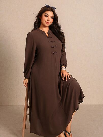 Elaquor Plus Size Women's Solid Color Button Design Long Sleeve Elegant Dress