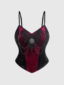 ROMWE Dark Gothic Plus Size Women's Top, Vintage Velvet Embroidered Chain Strap Design, Party Holiday Fitted Corset - Black - View 1