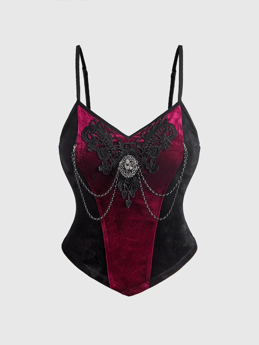 ROMWE Dark Gothic Plus Size Women's Top, Vintage Velvet Embroidered Chain Strap Design, Party Holiday Fitted Corset - Black - View 1