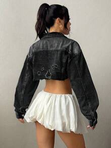 Jeanoix Plus Size Outdoor Fashion Distressed Raw Hem Pocket Cropped Black Denim Jacket - Black - View 2