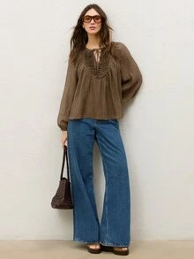 COSMINA 女款百褶泡泡袖雪紡襯衫 早午餐摩卡棕色 秋季休閒波希米亞風 - 卡其色 - 查看 6
