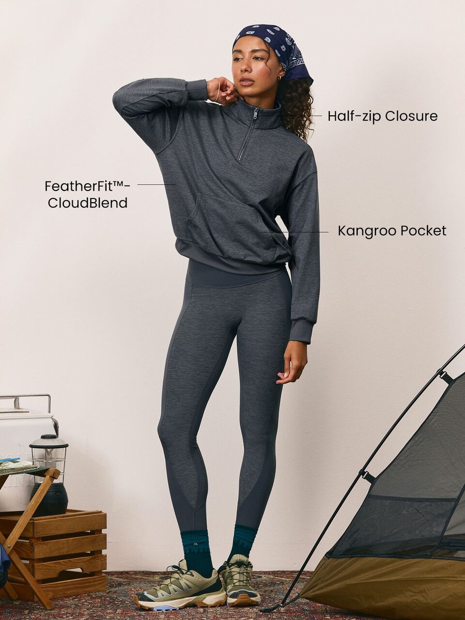 FeatherFit™-CloudBlend Great Escape Half-Zip Sweatshirt With Front Slip Pocket & Rib Trim Outdoor Hiking Camping Active Wear