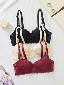 DesireSculpt 3件組極簡風女款鋼圈內衣 性感蕾絲法式浪漫內衣 - 彩色 - 查看 3